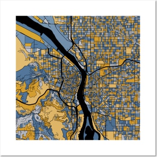 Portland Map Pattern in Blue & Gold Posters and Art